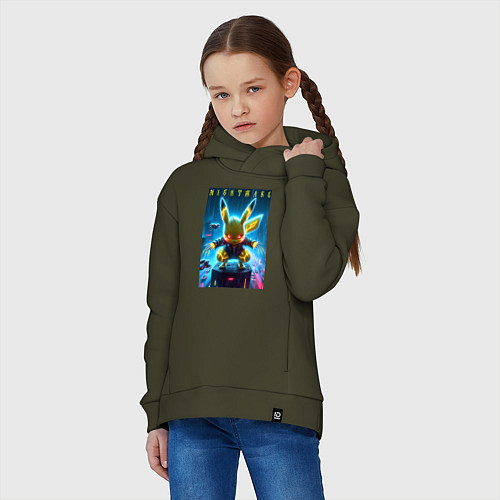 Детское худи оверсайз Cyber Pikachu - neon glow ai art / Хаки – фото 3