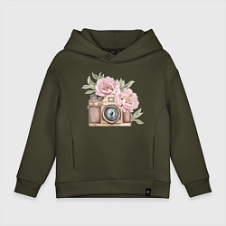 Толстовка оверсайз детская Фотоаппарат с пионами, цвет: хаки