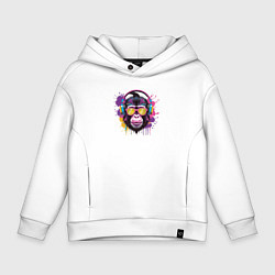 Толстовка оверсайз детская Обезьяна в очках слушает музыку, цвет: белый