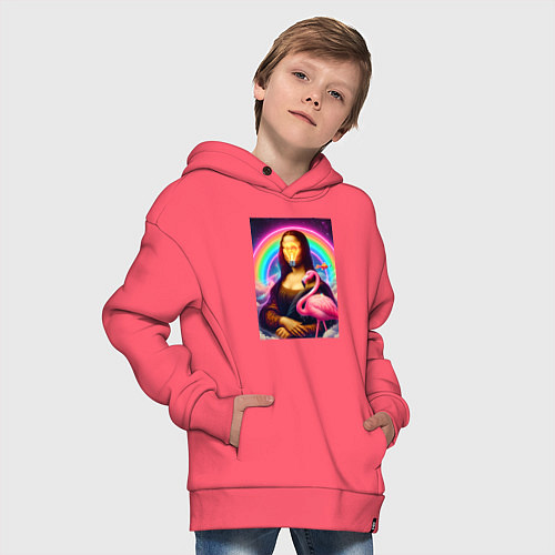 Детское худи оверсайз Мона Лиза - лампочка и розовый фламинго / Коралловый – фото 4