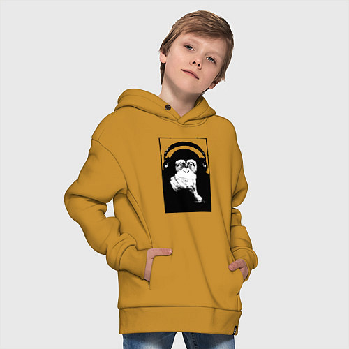 Детское худи оверсайз Monkey in the headphones / Горчичный – фото 4
