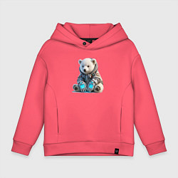 Толстовка оверсайз детская Прикольный мишутка - киберпанк, цвет: коралловый