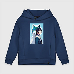 Толстовка оверсайз детская Мечтательная девчонка и волк - нейроарт, цвет: тёмно-синий