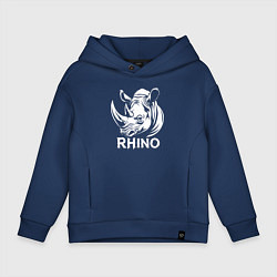 Толстовка оверсайз детская Носорог с надписью, цвет: тёмно-синий