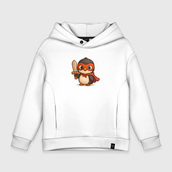 Толстовка оверсайз детская Маленький пингвин супергерой с мечем, цвет: белый