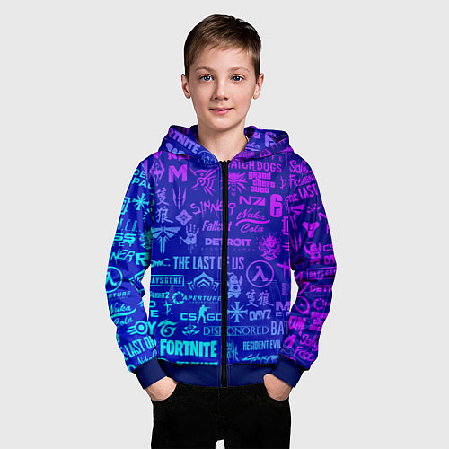 Детская толстовка на молнии Неоновые геймерские лого / 3D-Синий – фото 3