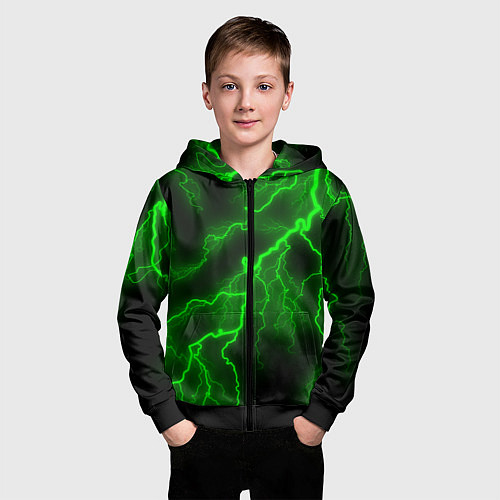 Детская толстовка на молнии МОЛНИЯ GREEN NEON / 3D-Черный – фото 3