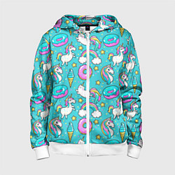 Толстовка на молнии детская Turquoise unicorn, цвет: 3D-белый