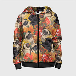 Толстовка на молнии детская Мопсики Цветочки, цвет: 3D-черный