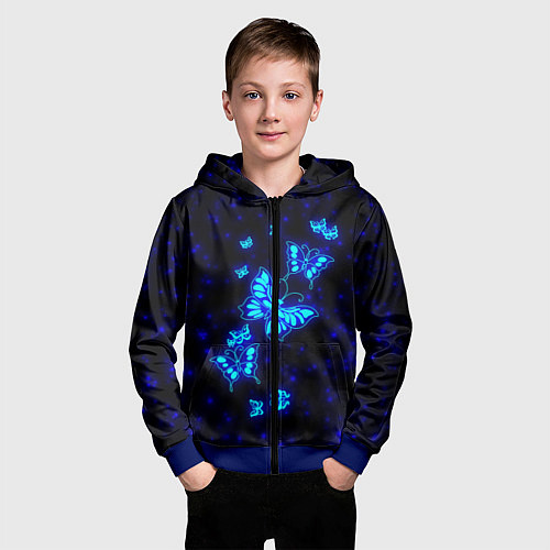 Детская толстовка на молнии Неоновые бабочки / 3D-Синий – фото 3