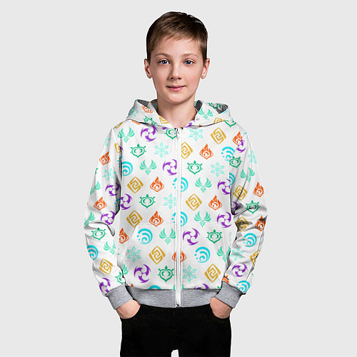 Детская толстовка на молнии GENSHIN IMPACT ЭМБЛЕМЫ / 3D-Меланж – фото 3