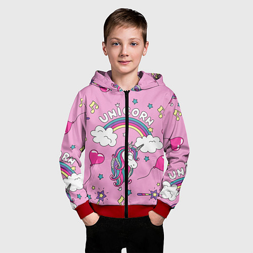 Детская толстовка на молнии Единорог Радужный / 3D-Красный – фото 3