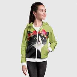 Толстовка на молнии детская Кот и цветы, цвет: 3D-белый — фото 2