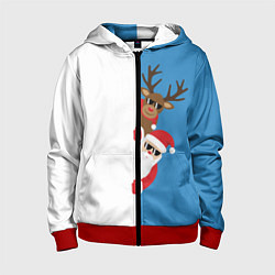 Толстовка на молнии детская Крутые Санта и Олень, цвет: 3D-красный