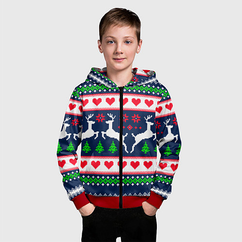 Детская толстовка на молнии Новогодние олени: узор / 3D-Красный – фото 3