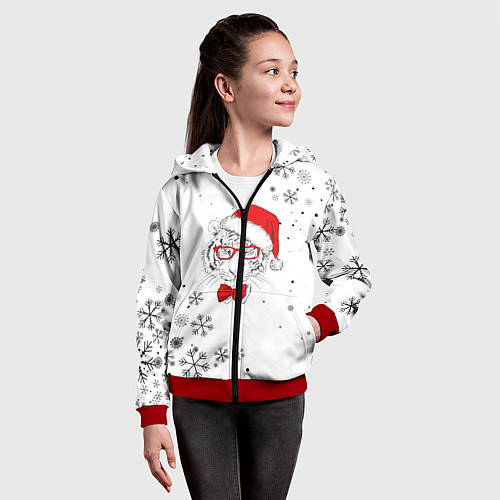Детская толстовка на молнии Новогодний тигр летящие снежинки / 3D-Красный – фото 4