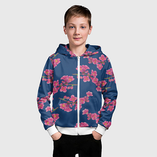 Детская толстовка на молнии Веточки айвы с розовыми цветами на синем фоне / 3D-Белый – фото 3
