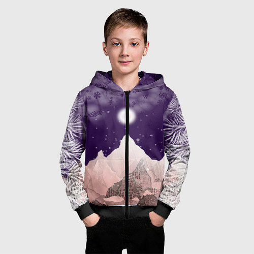 Детская толстовка на молнии Зимнее лунное небо в горах со снегопадом / 3D-Черный – фото 3