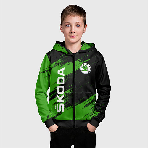 Детская толстовка на молнии Skoda, Шкода Диагональные полосы / 3D-Черный – фото 3
