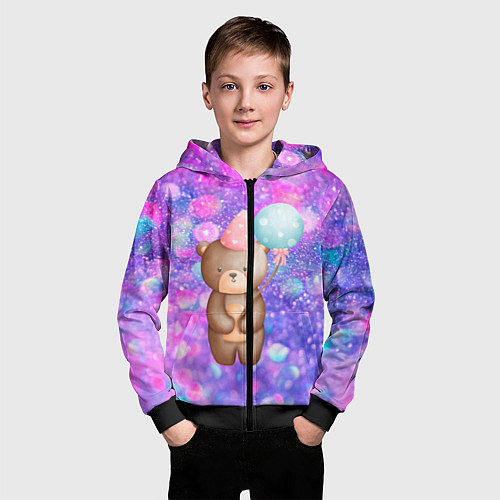 Детская толстовка на молнии День Рождения - Медвежонок с шариками / 3D-Черный – фото 3