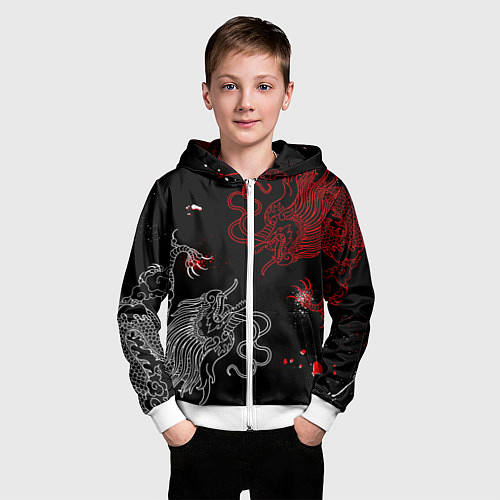 Детская толстовка на молнии Китайский дракон Красно - Белый / 3D-Белый – фото 3