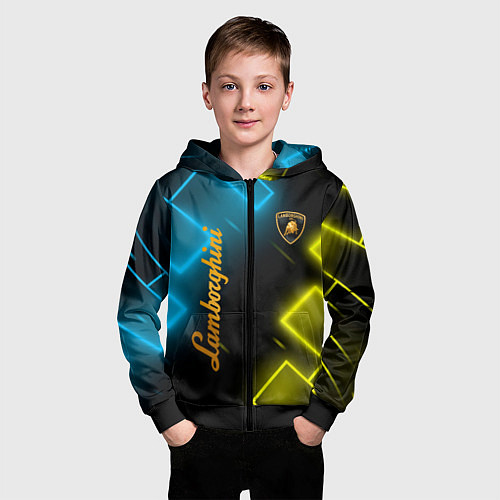 Детская толстовка на молнии Lamborghini - Неоновые фигуры / 3D-Черный – фото 3