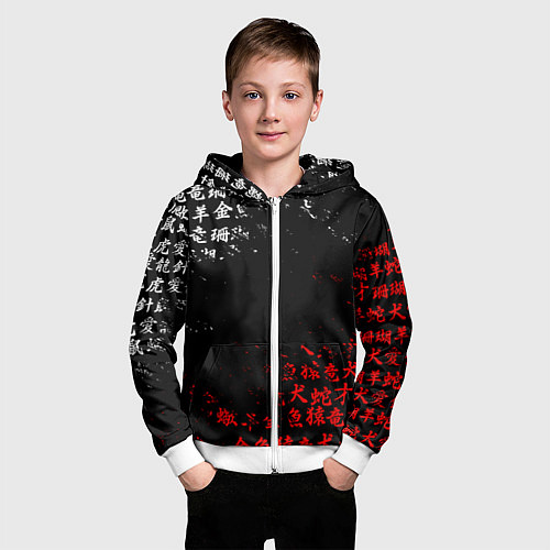 Детская толстовка на молнии КРАСНО БЕЛЫЕ ИЕРОГЛИФЫ ЯПОНИЯ БРЫЗГИ / 3D-Белый – фото 3