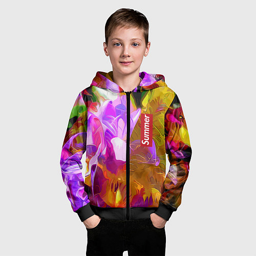 Детская толстовка на молнии Красочный цветочный узор Лето Colorful Floral Patt / 3D-Черный – фото 3