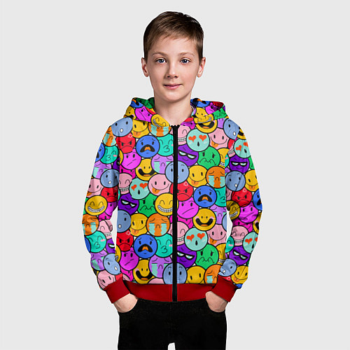 Детская толстовка на молнии Sticker bombing смайлы маленькие / 3D-Красный – фото 3