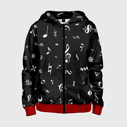 Толстовка на молнии детская Нотные Знаки Белые на Черном, цвет: 3D-красный