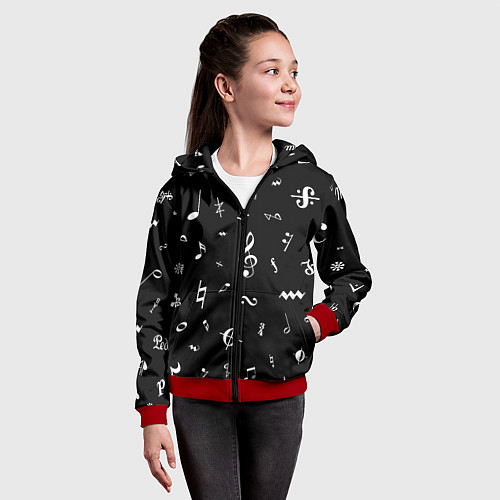 Детская толстовка на молнии Нотные Знаки Белые на Черном / 3D-Красный – фото 4