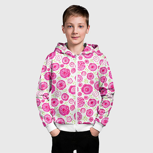 Детская толстовка на молнии Яркие розовые цветы в дудл стиле, абстракция / 3D-Белый – фото 3