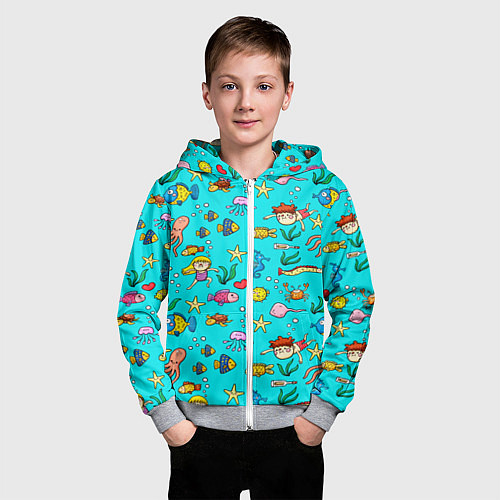 Детская толстовка на молнии КУПАНИЕ ДЕТЕЙ С МОРСКИМИ ОБИТАТЕЛЯМИ / 3D-Меланж – фото 3