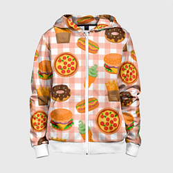 Толстовка на молнии детская PIZZA DONUT BURGER FRIES ICE CREAM pattern, цвет: 3D-белый