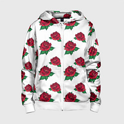 Толстовка на молнии детская Цветы Красные Розы На Белом Фоне, цвет: 3D-белый