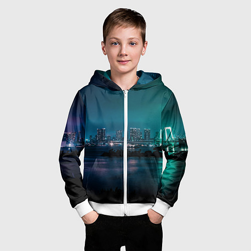Детская толстовка на молнии Неоновый город с рекой - Светло-зелёный / 3D-Белый – фото 3