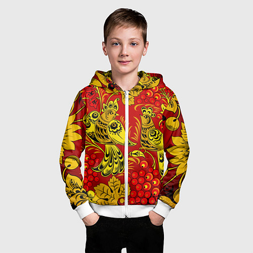 Детская толстовка на молнии Хохломская Роспись Две Птици На Красном Фоне / 3D-Белый – фото 3