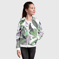 Толстовка на молнии детская Зелёные, серые, голубые, сиреневые листья на белом, цвет: 3D-белый — фото 2