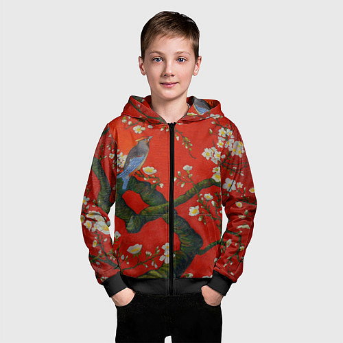 Детская толстовка на молнии Птица на ветвях сакуры / 3D-Черный – фото 3