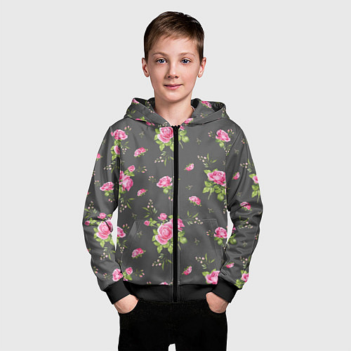 Детская толстовка на молнии Розовые розы на сером фоне / 3D-Черный – фото 3