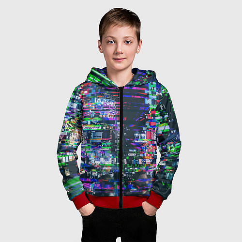 Детская толстовка на молнии Ночной город - glitch / 3D-Красный – фото 3