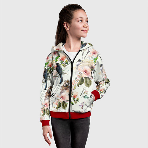Детская толстовка на молнии Цветы Нарисованные Магнолии и Птицы / 3D-Красный – фото 4