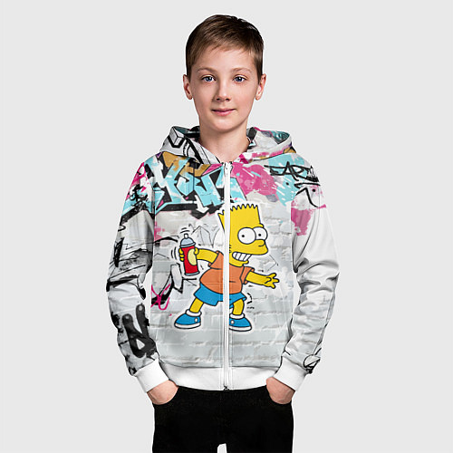 Детская толстовка на молнии Барт Симпсон на фоне стены с граффити / 3D-Белый – фото 3