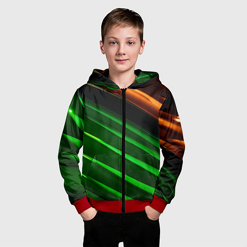 Детская толстовка на молнии Абстрактные зелёные и оранжевые поверхности / 3D-Красный – фото 3