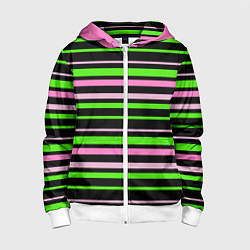 Толстовка на молнии детская Полосаты узор в зелено-розовых оттенках на черном, цвет: 3D-белый