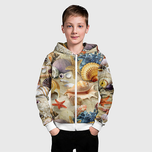Детская толстовка на молнии Морские раковины, кораллы, морские звёзды на песке / 3D-Белый – фото 3