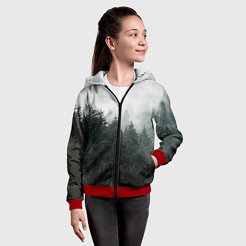 Детская толстовка на молнии Туманный хвойный лес / 3D-Красный – фото 4