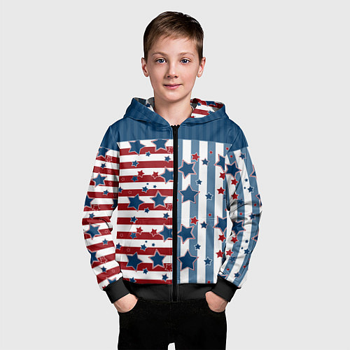 Детская толстовка на молнии Blue stars on a striped pattern / 3D-Черный – фото 3