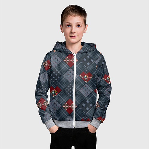 Детская толстовка на молнии Red and blue denim patchwork / 3D-Меланж – фото 3