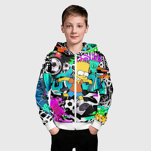 Детская толстовка на молнии Барт Симпсон - центр-форвард на фоне граффити / 3D-Белый – фото 3